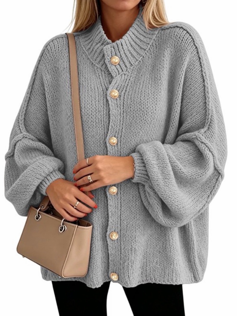 Pretty Garden Oversized Button-Front Gray Knit Sweater Cardigan M